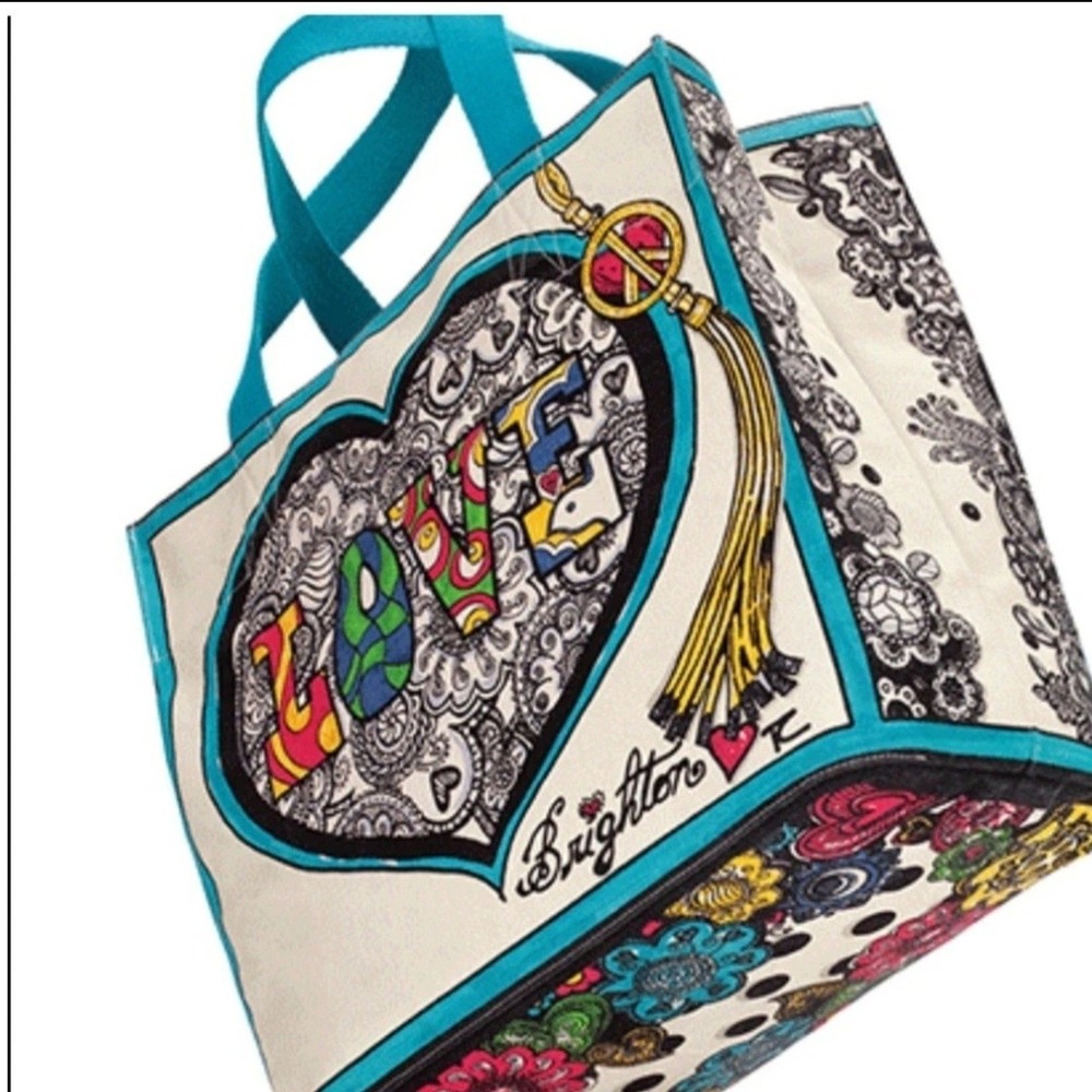 Brighton Love Heart Canvas Tote Bag Teal Blue Artistic Paisley Boho Handbag - Picture 2 of 3